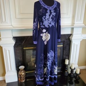 VINTAGE Blue Sakura Design Maxi Dress